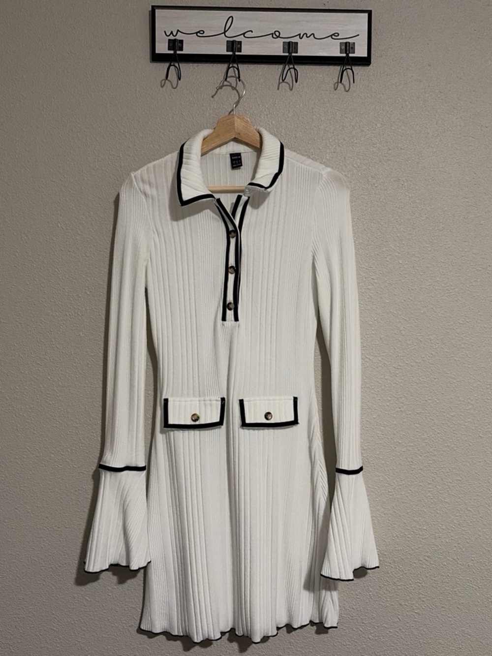 SHEIN White Ribbed Long-Sleeve Polo Dress with Black Trim